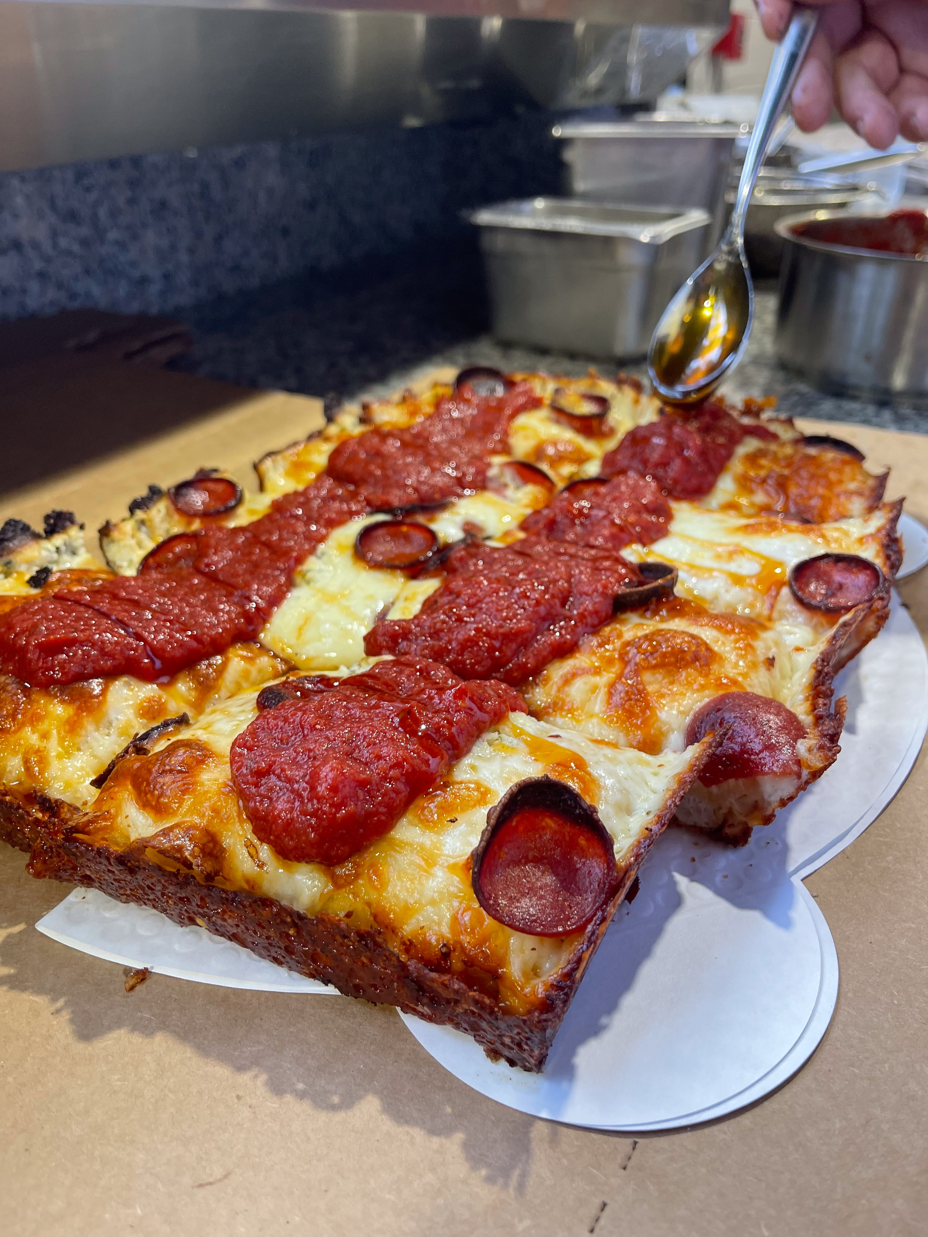Pepperoni, Boursin Cheese & Hot Honey - Detroit Pizza